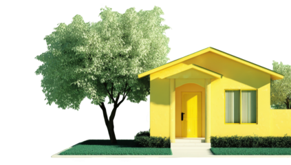 A small, yellow house with a tree