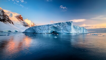 majestic ice formation emerges from tranquil waters in the dramatic light of dusk in a remote polar region