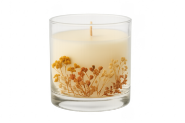 Glass candle jar with dried flowers and transparent background