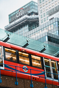 Docklands Light Railway Roundel Logo, DLR Train, Citigroup, Citi Bank, Citibank, Driverless Metro System, West India Quay, Canary Wharf Financial District, London, UK - August 2025
