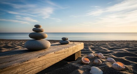 Peaceful beach scene with stacked stones and shells on a wooden platform