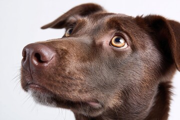 Close-up of a curious brown dog looking upward