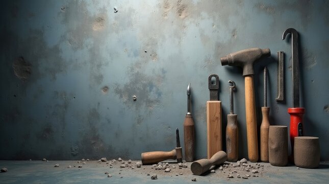 Assorted metal and wood tools hammer chisel - Powered by Adobe