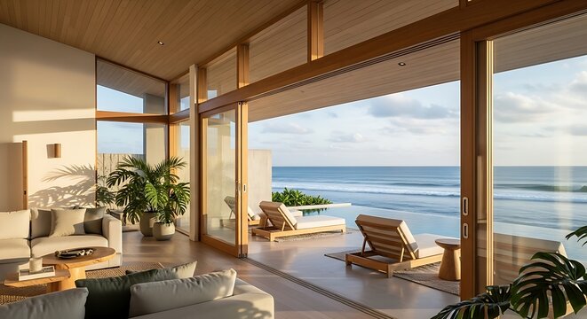 Modern living room with ocean view and lounge chairs on patio