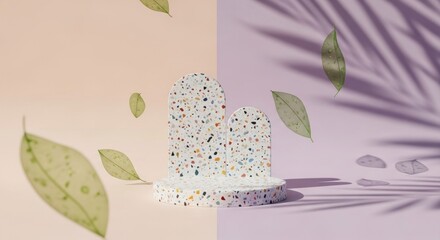 Product display podium, pastel colors, leaves
