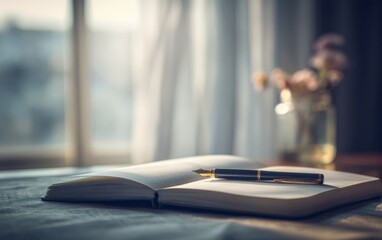 Obraz premium Open notebook with pen resting on a table by a window