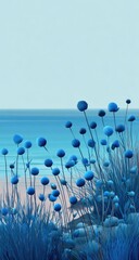 Coastal scene, vibrant blue plants near water's edge