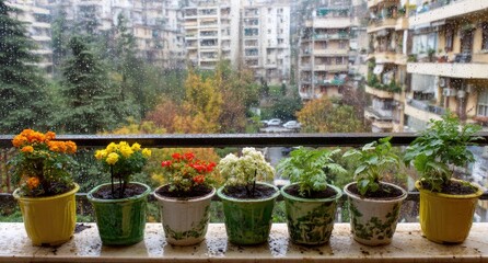 Balcony garden with colorful potted plants, city view