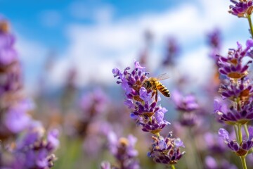 Honeybee on lavender blossoms in a field