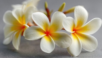 Close-up of three plumeria flowers, creamy-white petals with vibrant yellow-orange centers, against a neutral gray backdrop