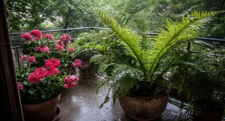 Balcony garden in rain. Lush plants, red flowers, wet