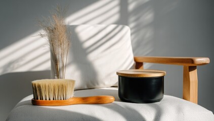 Wooden chair with a white cushion, a brush, and a black container. Sunlight casts shadows