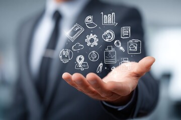 Businessman's hand holds a sphere of digital business icons