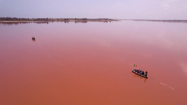 SENEGAL - 7.14.2025 - Gorgeous aerial footage of men rowing boats across Dakar, Senegal's Pink Lake.