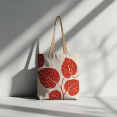 Beige tote bag with red leaf design