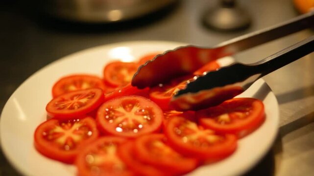 Tomato slices on a white plate Freshly sliced tomatoes arranged on a white plate with tongs, ready for serving in a kitchen setting, illuminated