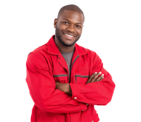 Confident African American Worker in Red Uniform Smiling isolated on a transparent background