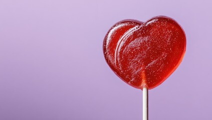 Heart-shaped red lollipop on a stick against a mauve background