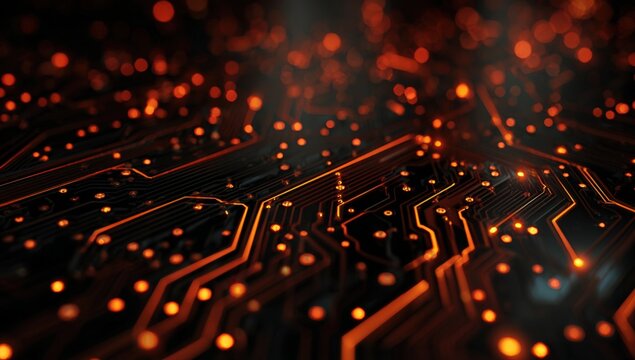 Abstract circuit board design with glowing orange lines and points