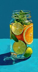 Glass jar filled with citrus fruits & mint, vibrant colors
