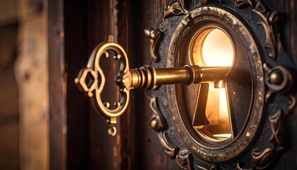 Old key in keyhole, macro shot. Gothic style. Key to knowledge, retro symbolic design for history & cognition, ancient lock concept, antique mystery object, education, business, preservation, security