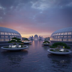 Obraz premium Futuristic architectural complex with domes and water features at sunset