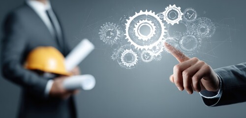Business professionals interacting with a digital gear system overlaid on a gray background. A hand points at a system of interconnected gears