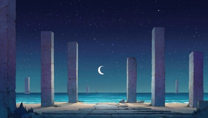 Ancient pillars line a beach at night under a crescent moon