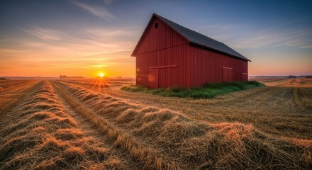 Red barn at sunrise over a harvested field