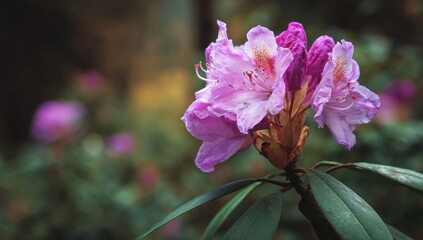 Close-up of a vibrant pink rhododendron blossom in a garden setting. Soft focus on a cluster of blossoms, highlighting delicate petals and muted background