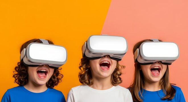 Beta Generation Three young friends excitedly experiencing virtual reality together wearing VR headsets and smiling against a vibrant split background - Powered by Adobe