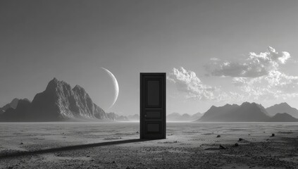 Vast, desolate landscape with solitary door