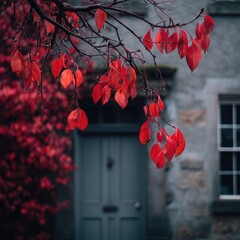 Autumnal doorway, vibrant red leaves against grey stone