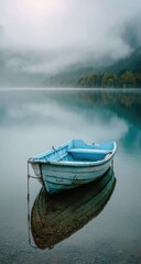 Tranquil blue boat on a glassy lake, misty mountains in the background