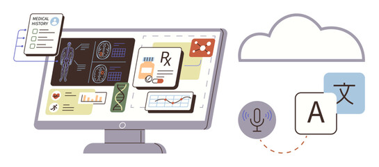 Computer displaying medical data, AI-driven language translation, cloud service, molecular analysis, and voice input. Ideal for healthcare, AI, technology, language learning innovation data