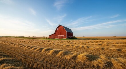 Red barn in golden field at dawn (1)