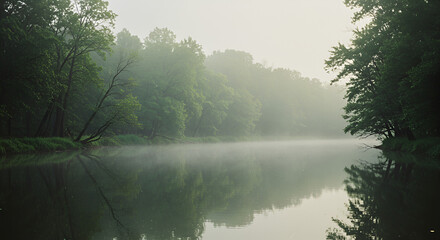 Serene river landscape at dawn, shrouded in mist, reflecting trees and sky