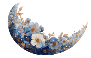 A crescent moon adorned with delicate flowers