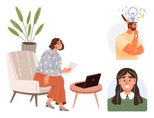 Professional brainstorming with laptop, innovative thoughts, and calm workspace. Ideal for teamwork, creativity, virtual meetings, remote collaboration, workplace productivity, education simple flat