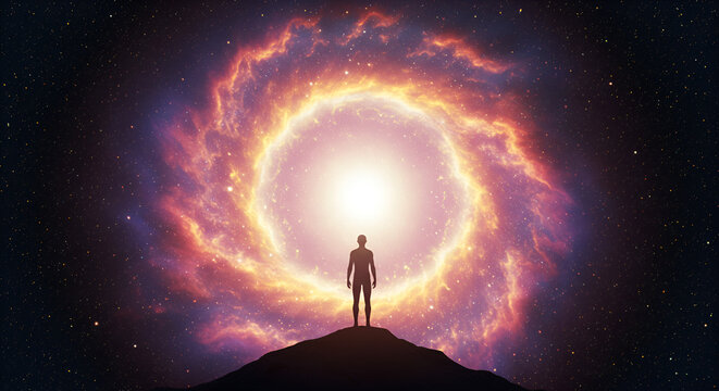 Silhouette of a man on a hill facing a celestial portal in space scene