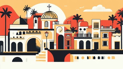 Vibrant Cityscape Illustration with Buildings and Palm Trees at Sunset