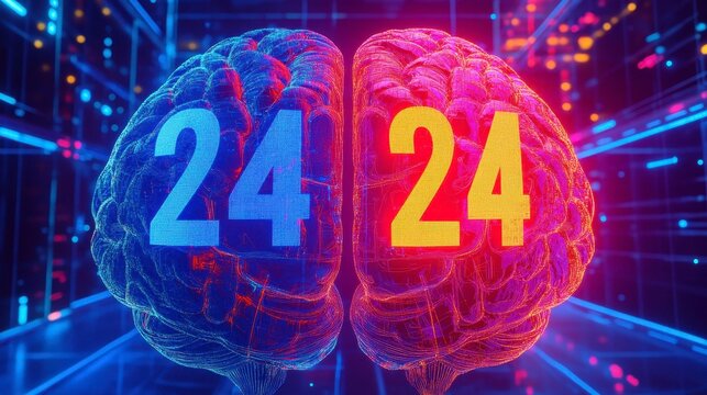 Digital Brain with Numbers 24 in Blue and Yellow Neon Glow Effect