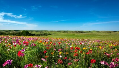 Fototapeta premium lush green landscapes are alive with vibrant wildflowers in texas blooming beautifully under a clear blue sky creating a picturesque and serene environment