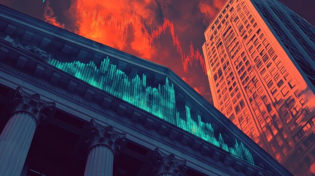 Dramatic Cityscape With Financial Chart and Colorful Clouds Above - Powered by Adobe