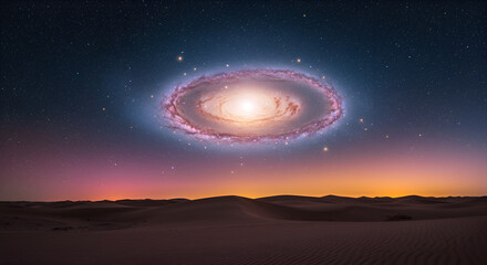 Surreal desert landscape with a celestial galaxy hovering above the dunes