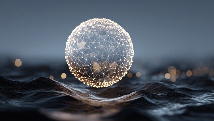Abstract sphere of glowing light, connected by a network, floating over a dark, rippled surface
