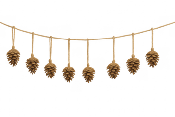Pine cones hanging on a string with transparent background