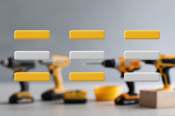 assembly instruction guide with augmented reality overlays and blurred white text bars highlighting modern tools