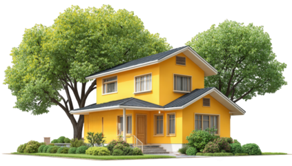 Yellow house with lush trees