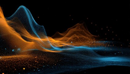 Abstract digital landscape of swirling, textured orange and teal forms on a black background
